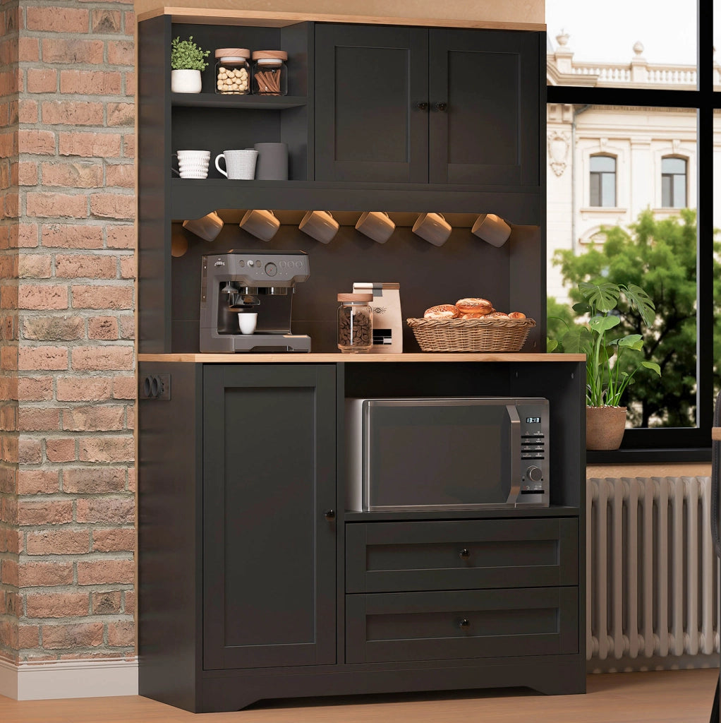 Credenza cucina multifunzione 100x40x163 cm con LED; prese; 2 cassetti e ripiani regolabili; nero