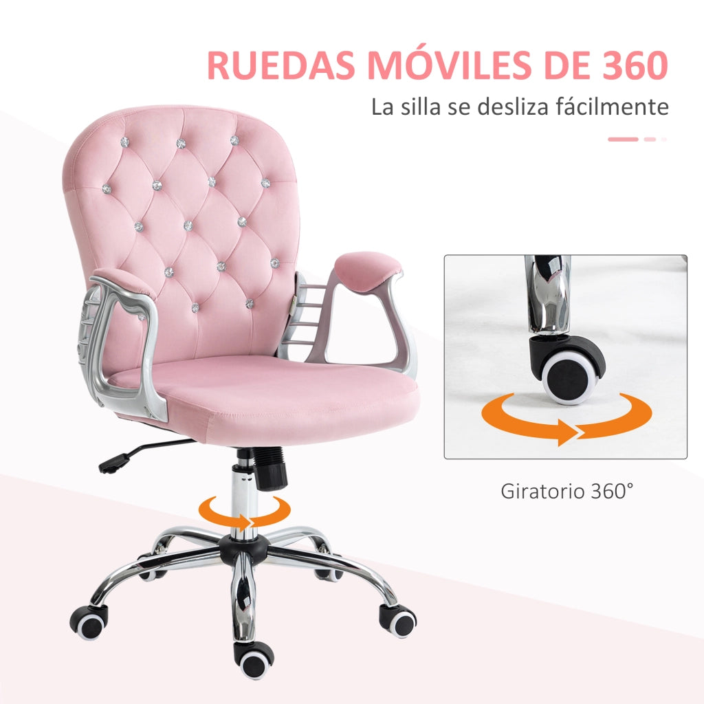 Sedia da Ufficio in Velluto con Braccioli e Schienale ¨C zephmum ¨C Rosa 59.5x60.5x93-103 cm