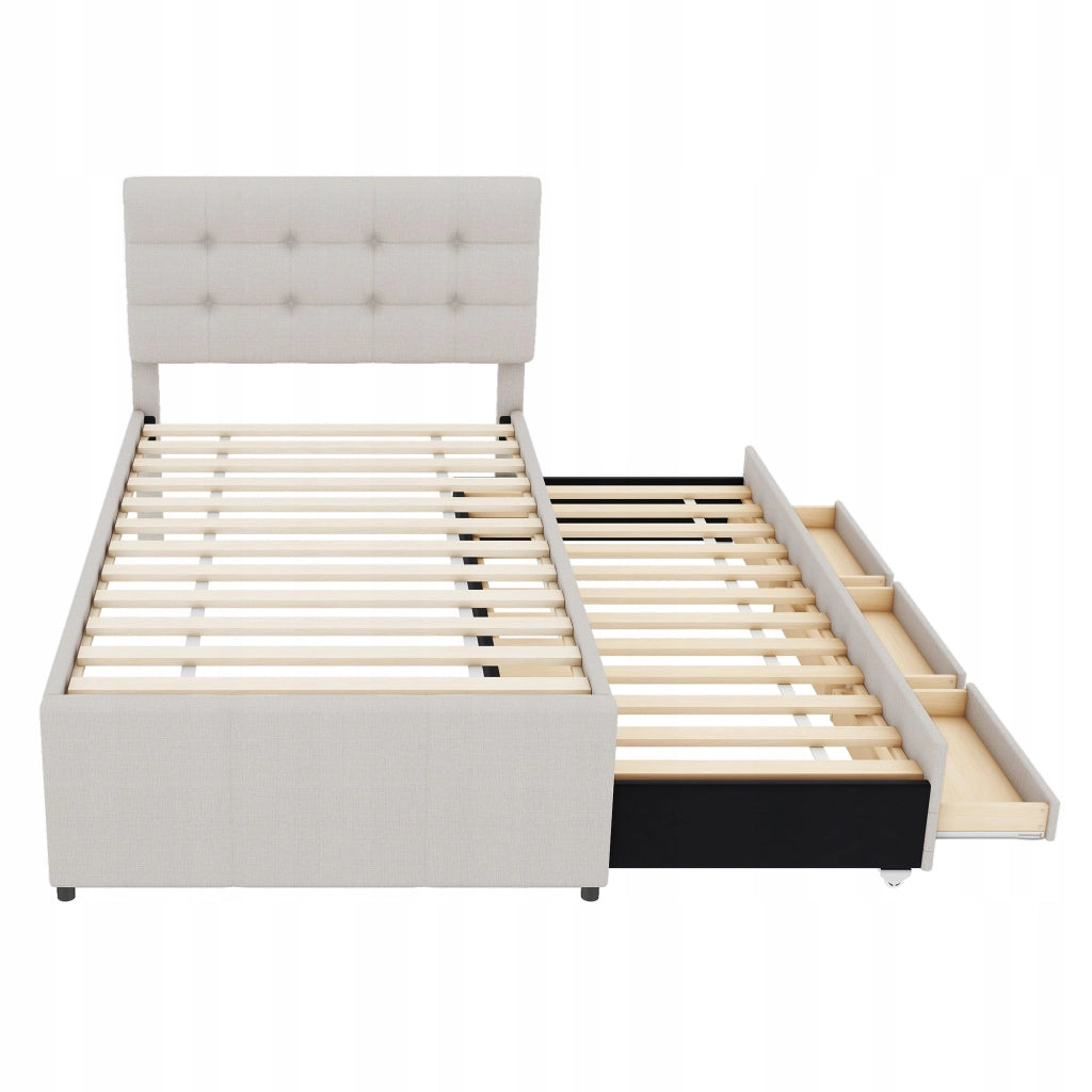 Letto imbottito 90x200 - Xylo - Con tre cassetti, estraibile, color beige