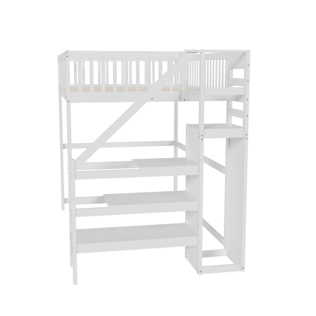 Letto a castello bianco in legno con scala e ripiano portaoggetti 140x200 cm