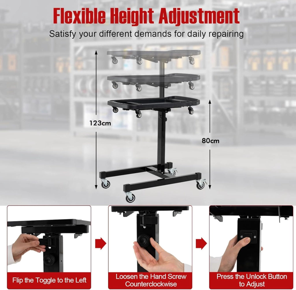 Carrello per officina, carrello girevole a 360°, altezza regolabile 80-130 cm, carico massimo 60 kg, grande vassoio rimovibile 73,5 x 46 cm, per garage, officina, soggiorno, casa, nero