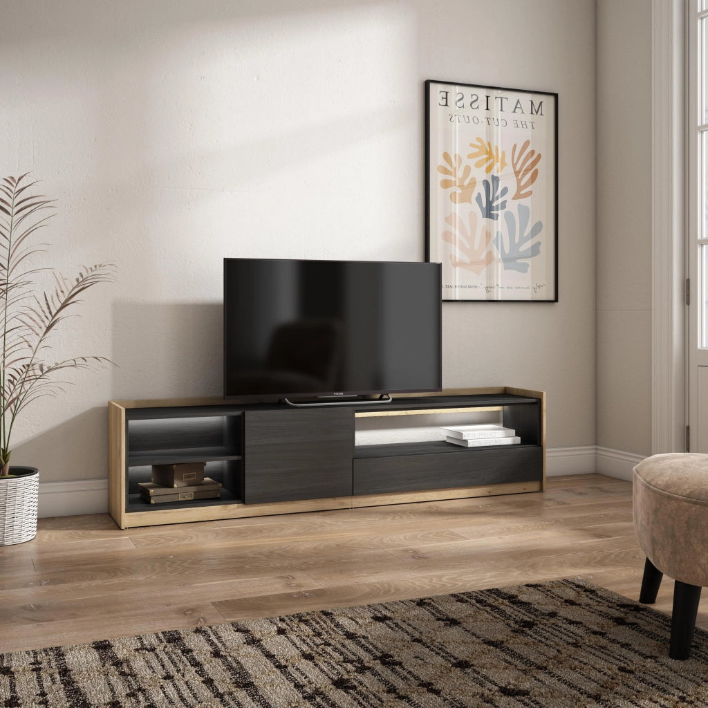 Mobile TV Soggiorno, 207x50x37 cm, Per TV fino a 80", LED, Nero e rovere