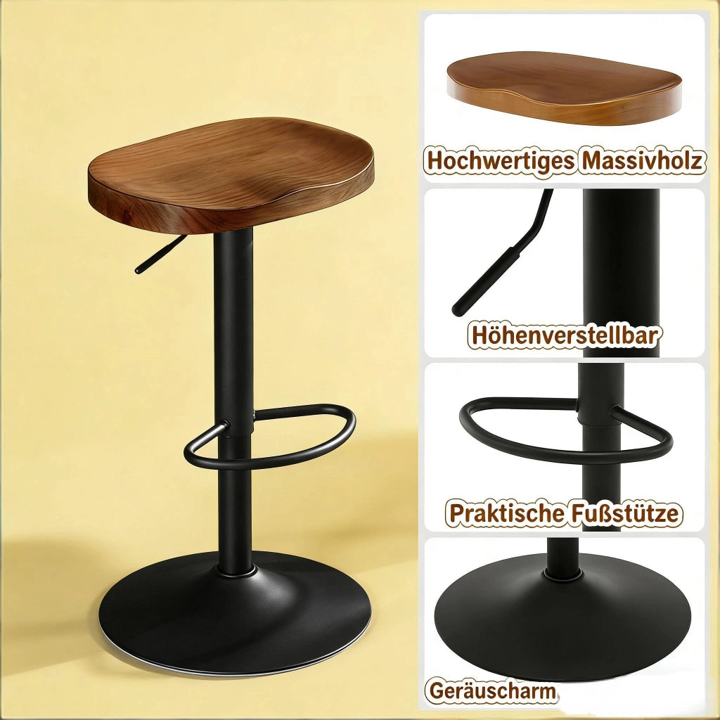 Sgabello da bar girevole regolabile in altezza con seduta ergonomica stabile in legno massello e metallo marrone
