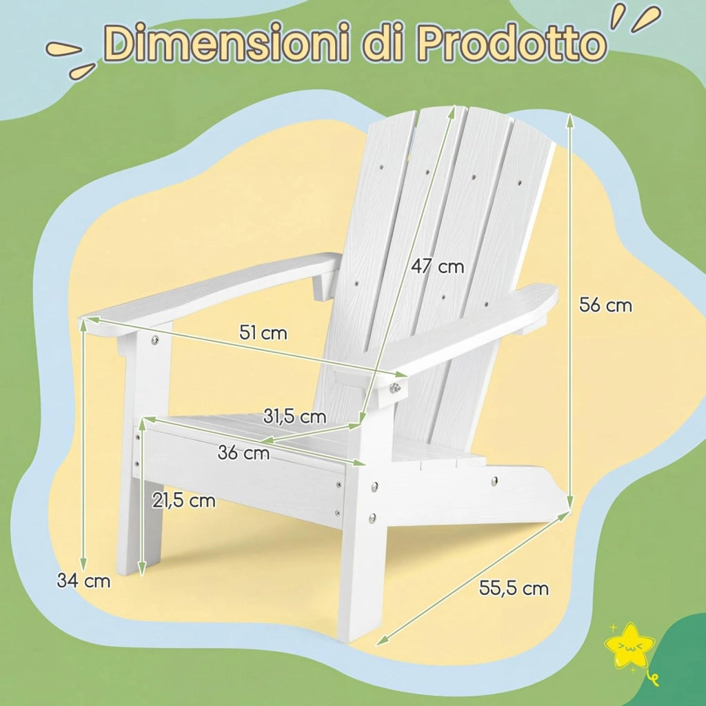 Sedia Adirondack per Bambini, Poltrona da Giardino in Plastica Resistente alle Intemperie con Schienale a Doghe Inclinato, Sedia Adirondack per Patio e Balcone, Portata 75 kg (Bianco)