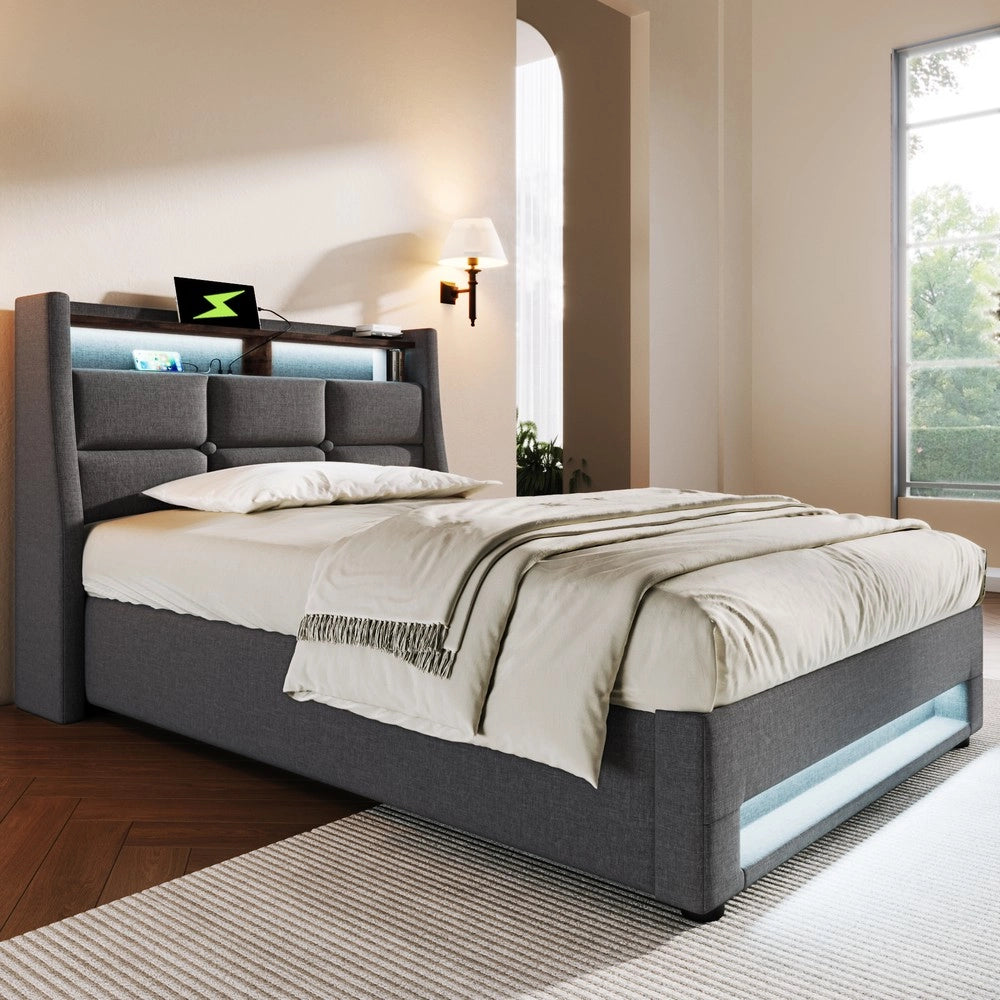 Letto Imbottito Singolo con LED e Rete a Doghe ¨C MINIMAL ¨C Lino 90x200 con Materasso