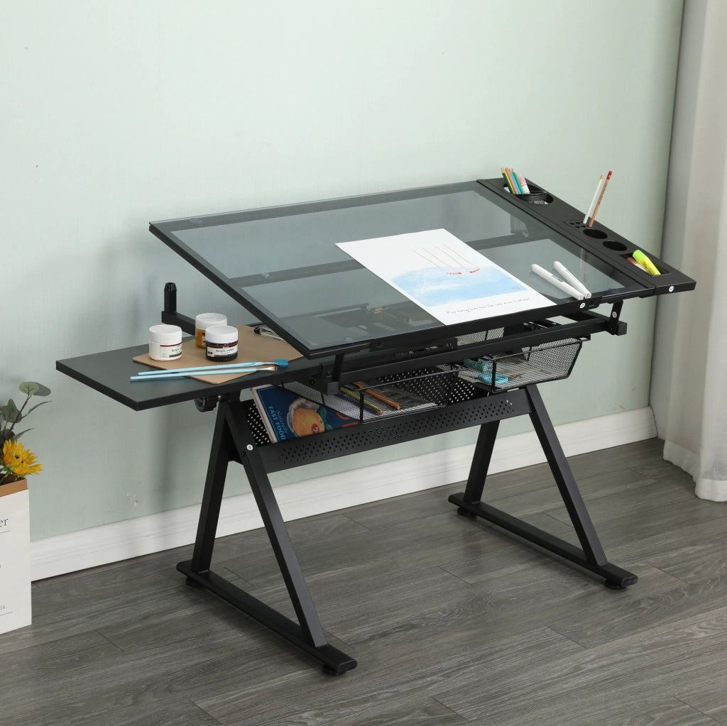 Tavolo da disegno inclinabile con piano in vetro temperato e 2 cassetti; nero