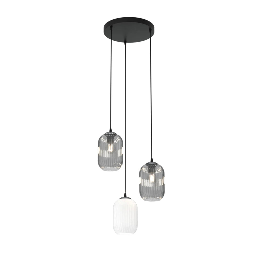 Lampadario 3 Luci Selene Base Tonda Acciaio Nero Vetri Plissettati Bianco E Fumè