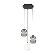 Lampadario 3 Luci Selene Base Tonda Acciaio Nero Vetri Plissettati Bianco E Fumè