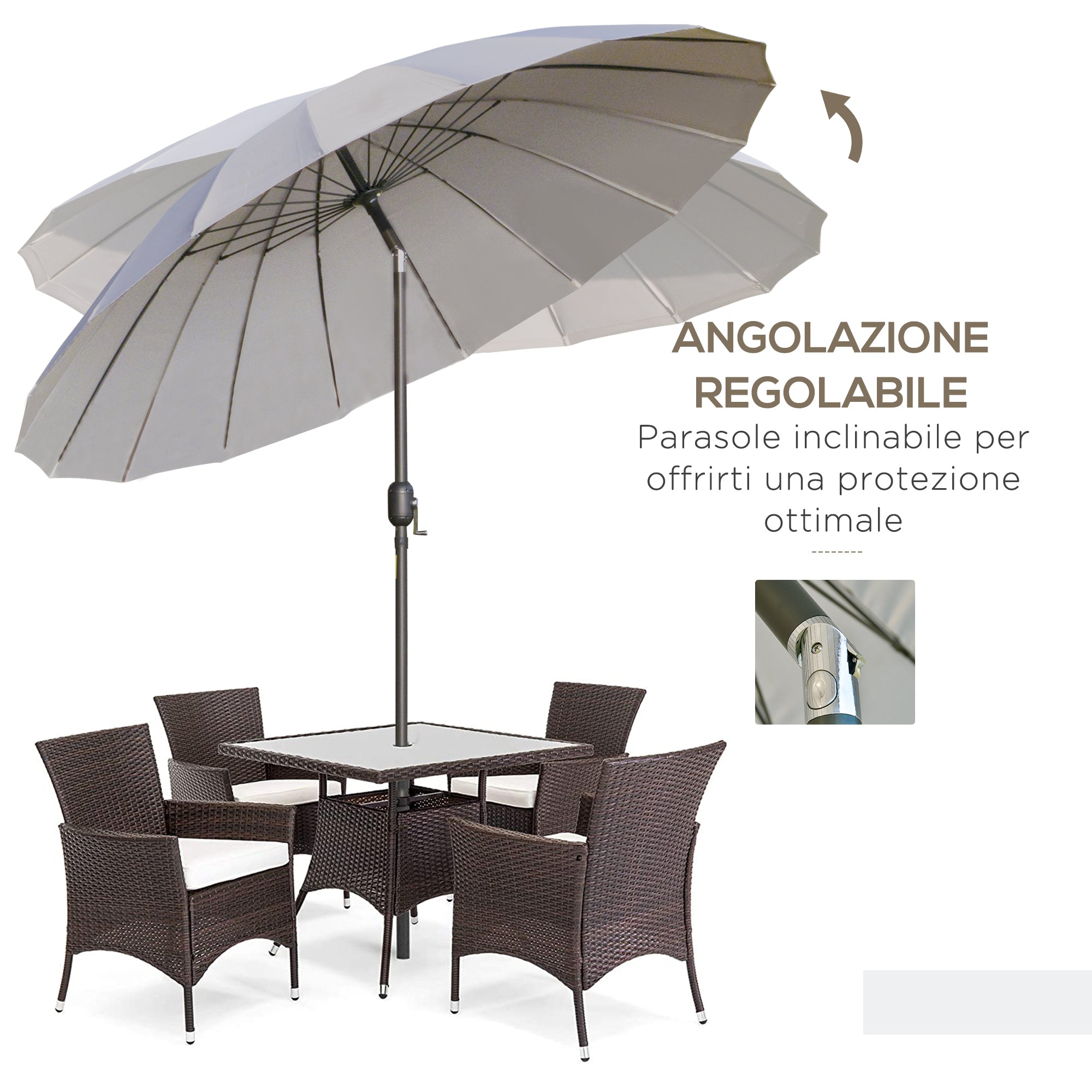 Ombrellone Rotondo Ø250x240 cm a 18 Stecche in Metallo e Poliestere Grigio