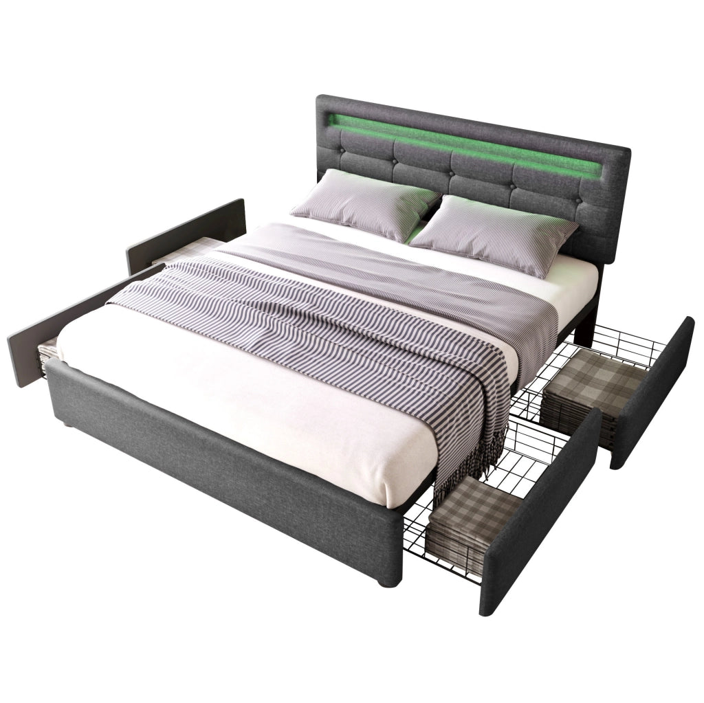 Letto matrimoniale 140x200 cm con LED; 4 cassetti e testiera regolabile; tessuto di lino grigio