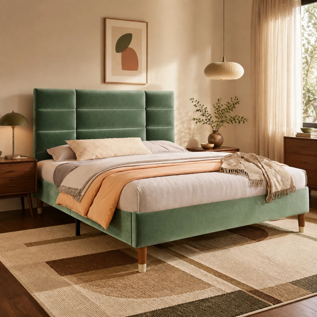 LETTO Imbottito 140x200 cm in velluto verde con rete a doghe