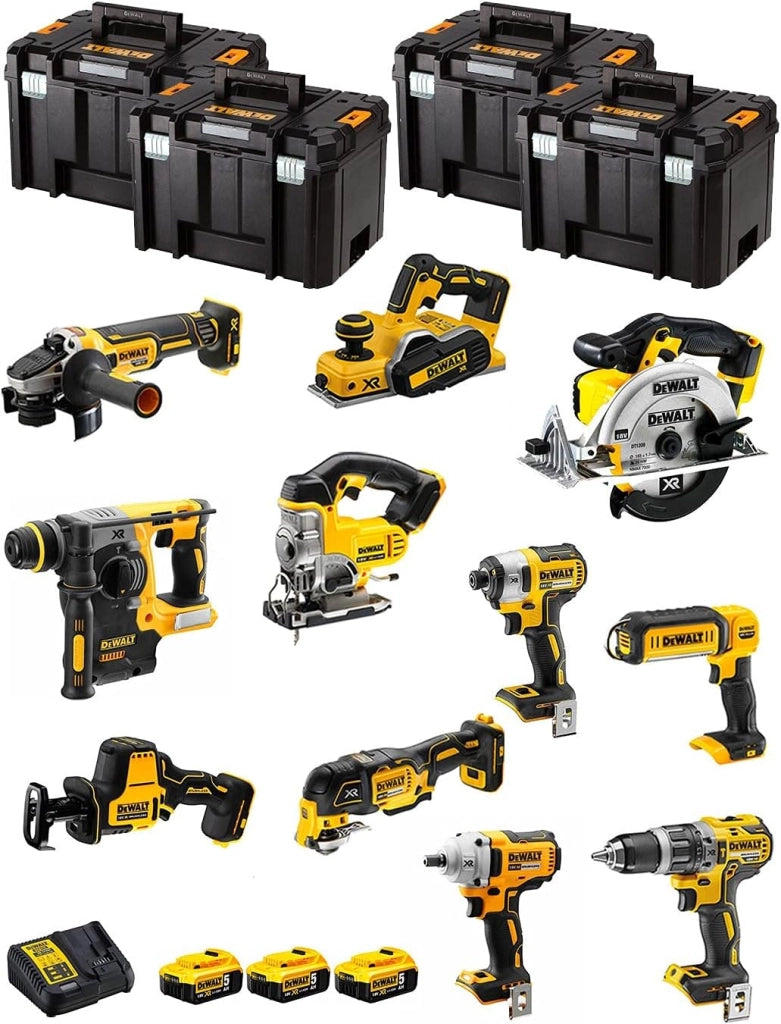 DeWALT Kit DWK1100T (DCD796 + DCH273 + DCG405 + DCF887 + DCF894 + DCS331 + DCS391 + DCS355 + DCP580 + DCS369 + DCL050 + 3 Batterie 5,0 Ah + Caricabatterie + 4 x TSTAK VI)