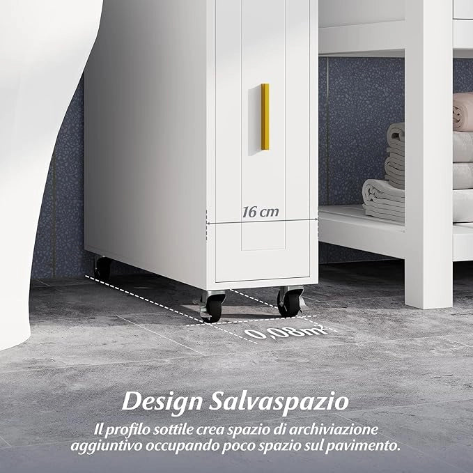 Credenza da Bagno Piccolo, Mobile Salvaspazio Stretto e Slim con Cassetto Scorrevole, Porta Fazzoletti, Portascopino e Ruote Bloccabile, Armadietto per Spazi Ridotti (Bianco)