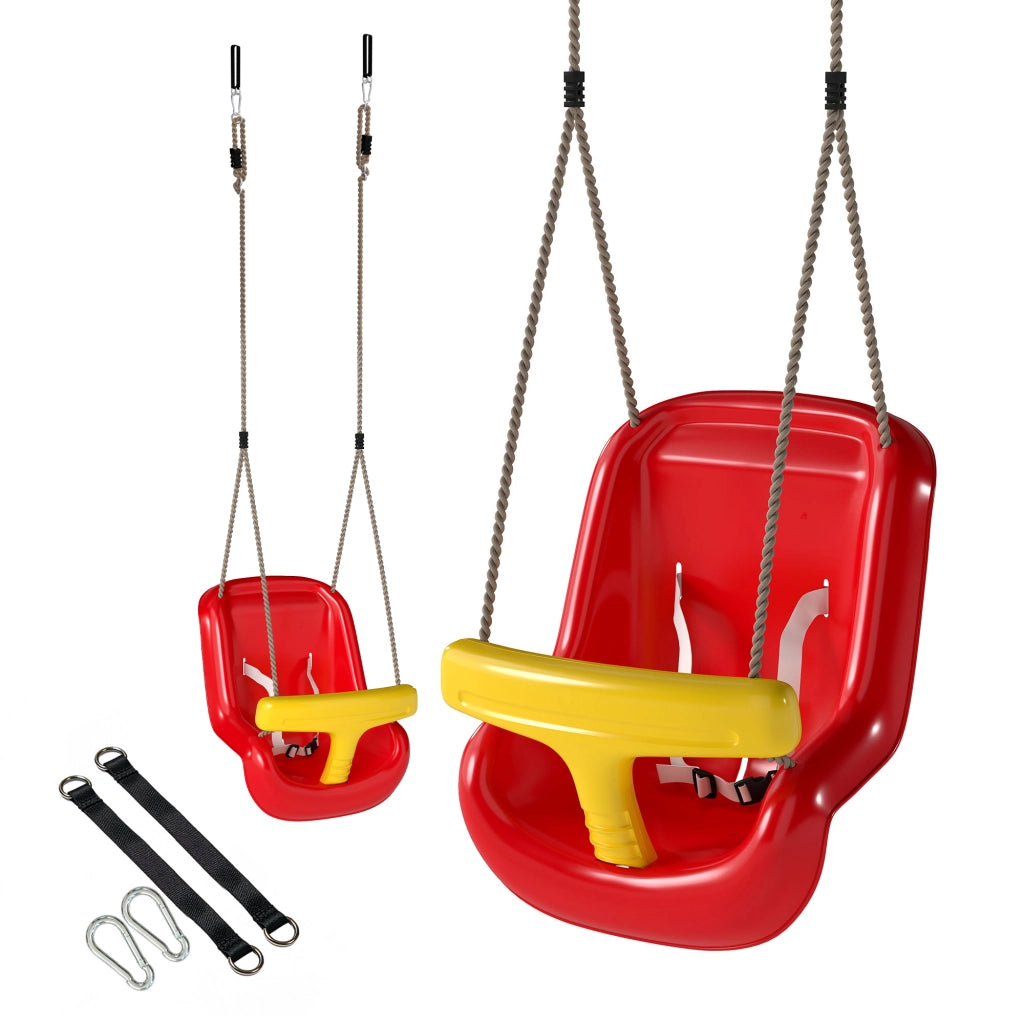 Altalena per Bambini 9-36 mesi Regolabile con Corde e Moschettoni, in PE, 28x36x180 cm, Rossa e Gialla