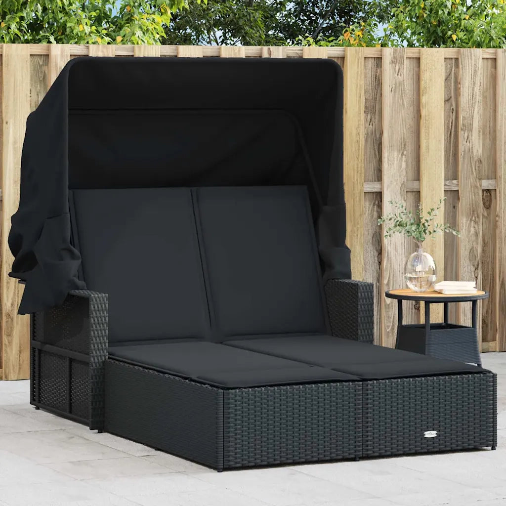 Lettino Prendisole | Sdraio da giardino | Lettino da sole Doppio Baldacchino e Cuscini Nero Polyrattan