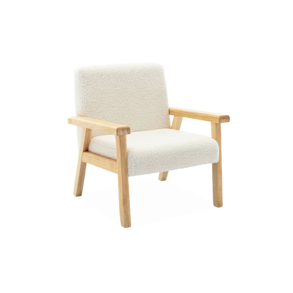 Poltrona scandinava per bambini in legno di hevea e tessuto bouclé,