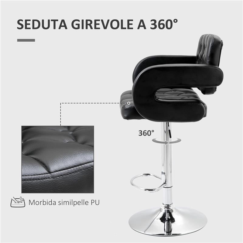 SGABELLO DA BAR ALTO CON SCHIENALE E BRACCIOLI GIREVOLE CON ALTEZZA REGOLABILE E POGGIAPIEDI FINTA PELLE NERA