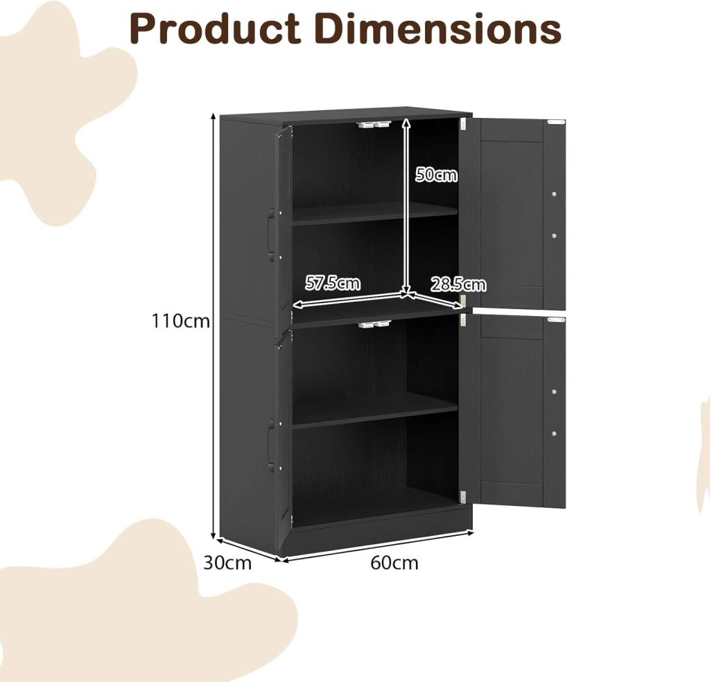 Credenza Alta da Cucina con Ante e Ripiani Regolabili, Mobile Buffet con Dispositivo Antiribaltamento, Armadio Dispensa per Soggiorno, Ingresso, Bagno, 60 x 30 x 110 cm (L x P x A) (Nero)