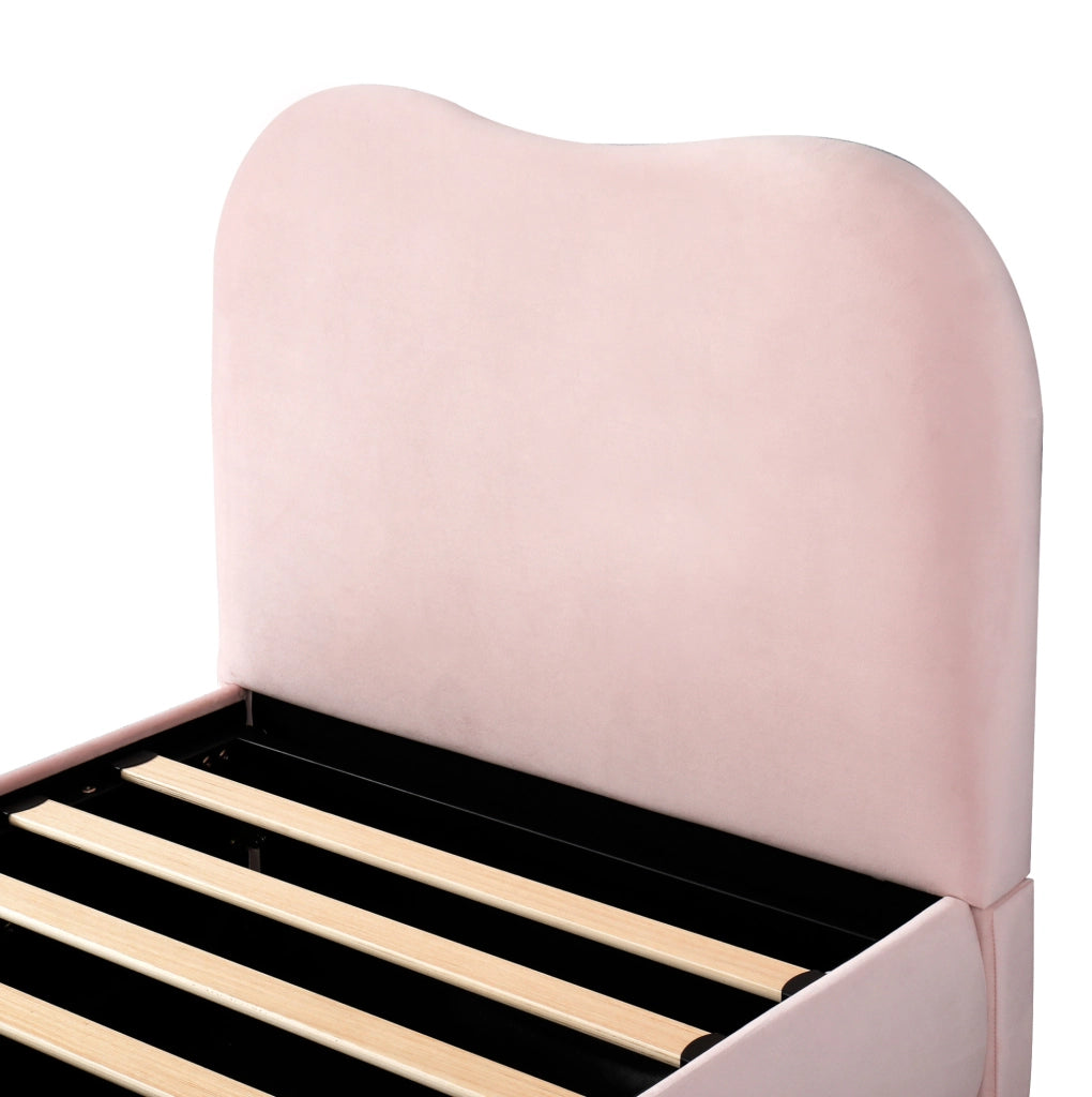 Letto imbottito per bambini in velluto rosa con contenitore idraulico e rete a doghe