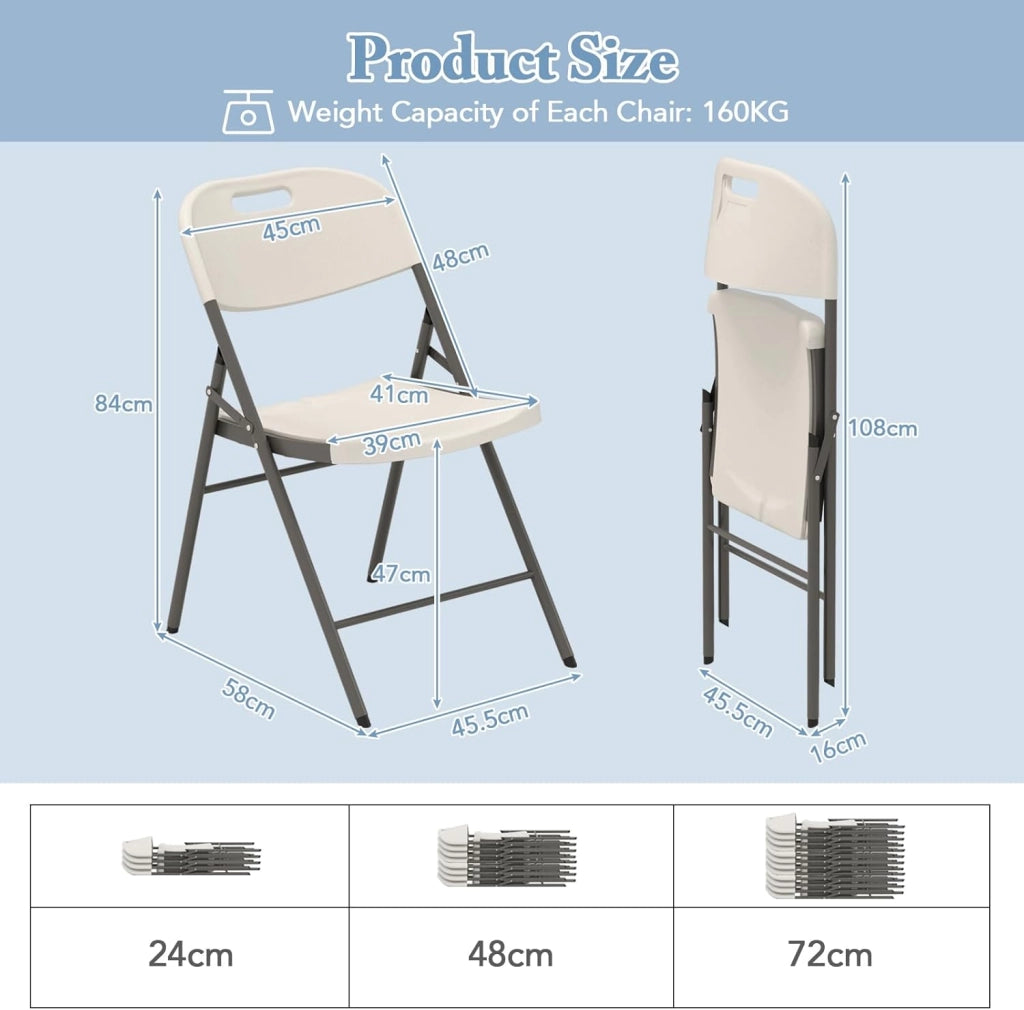 Set di 4 sedie pieghevoli in plastica, sedile in HDPE impermeabile e struttura in metallo, schienale con manico, sedie portatili per matrimonio, conferenza (bianco)