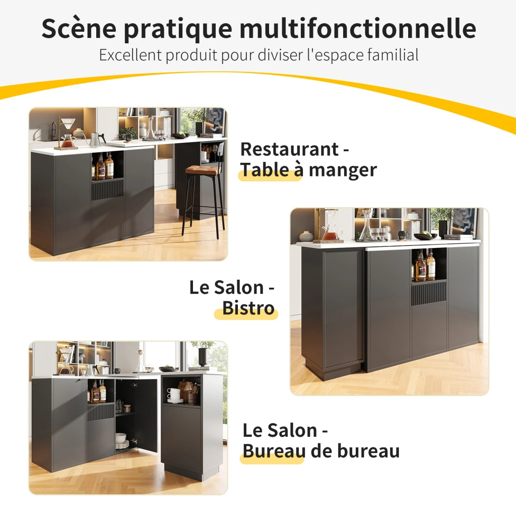 Mobile Bar Girevole 360° con Vani Aperti e Chiusi; Piano Effetto Marmo per Cucina e Soggiorno; in MDF; Nero; 210x30x100.9 cm