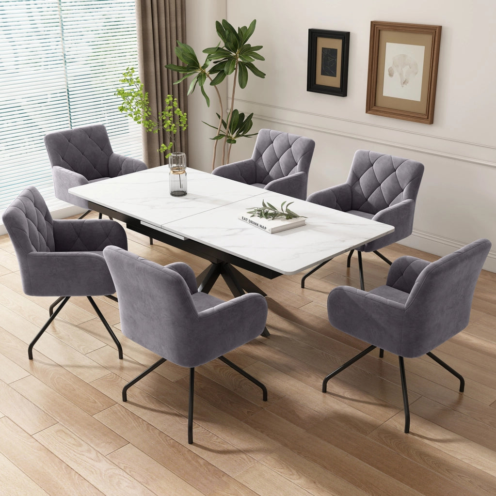 Set di 4 sedie da pranzo in velluto; con braccioli e gambe in metallo; grigio scuro