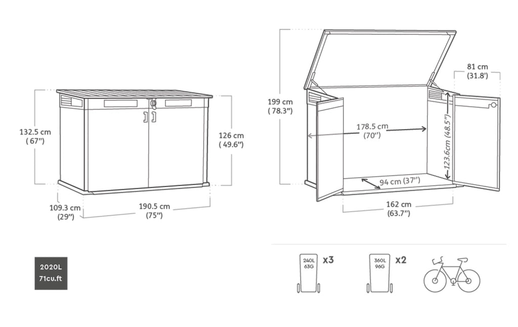 Armadio Porta Attrezzi o Bidoni Differenziata 2 Ante e Coperchio Keter Cortina Mega 190,5x109,3x132,5 cm in Evotech+