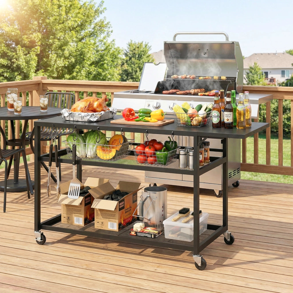 Carrello barbecue da giardino con ripiano laterale pieghevole ¨C zephmum ¨C nero, 133x48.5x82 cm