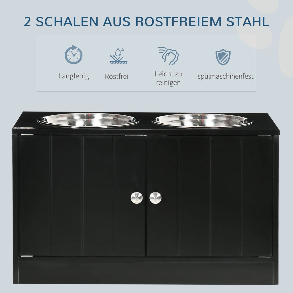 Scaffale per cani rialzato con 2 ciotole in acciaio inox e vano da 44 l con ante magnetiche in legno nero per grandi cani