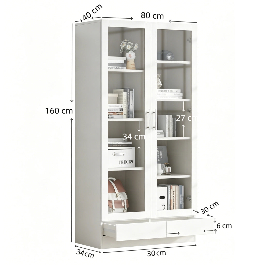 Mobile vetrina alto con 2 cassetti; 4 ripiani a sinistra e 5 a destra; 160x40x80 cm; bianco