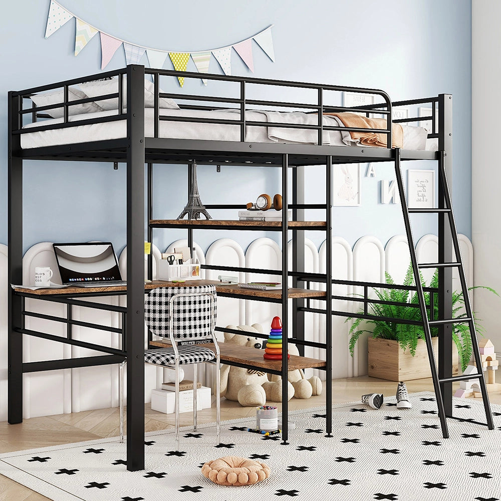 Letto a soppalco con scrivania - Xylo - 90x200 cm - Nero - Scaffali e scala