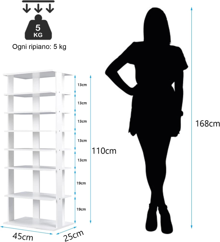 Scarpiera Verticale a 7 Livelli, Organizer per Scarpe in Stile Retrò, con Pannello Rimovibile, Scaffale per Scarpe per Corridoio Ingresso Armadio, 45x25x110 cm (Bianco)