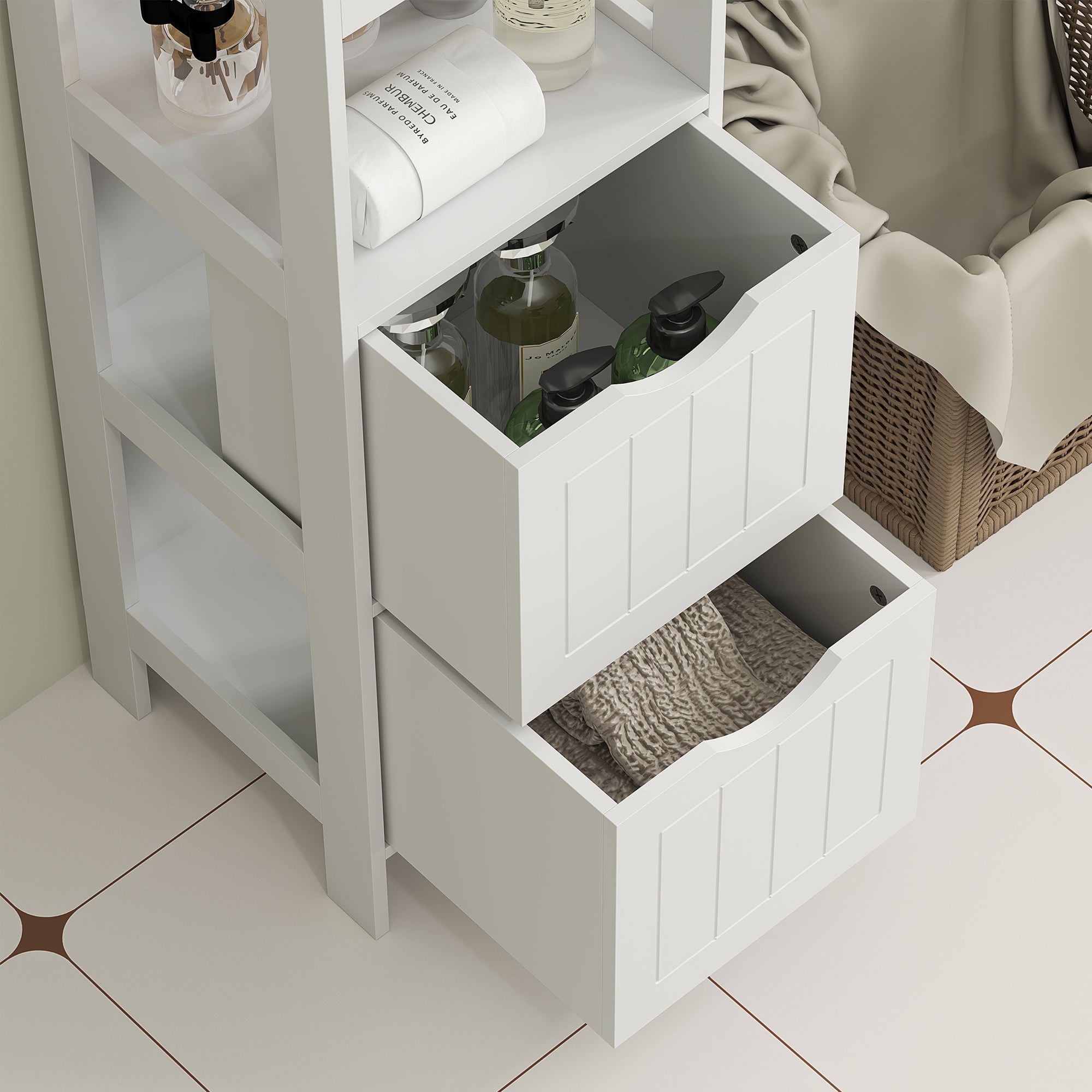Mobile Bagno 30x30x141,2 cm con 3 Ripiani Aperti e 2 Cassetti in Legno Bianco