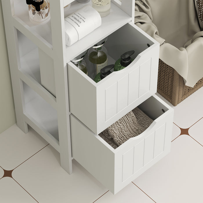 Mobile Bagno 30x30x141,2 cm con 3 Ripiani Aperti e 2 Cassetti in Legno Bianco