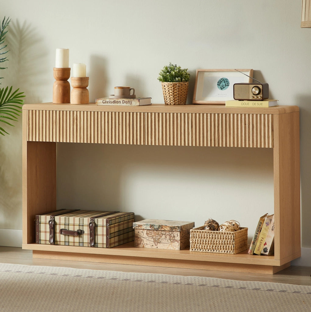 Consolle da ingresso 150x35x85 cm con 2 cassetti e ripiano aperto; naturale