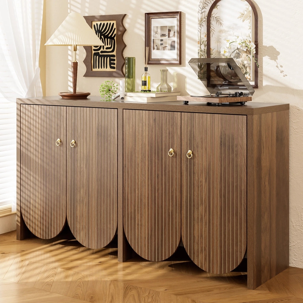 Madia con 4 Ante e Ripiani Regolabili; Frontali Scanalati Moderni; in MDF; 147??40??80 cm; Noce