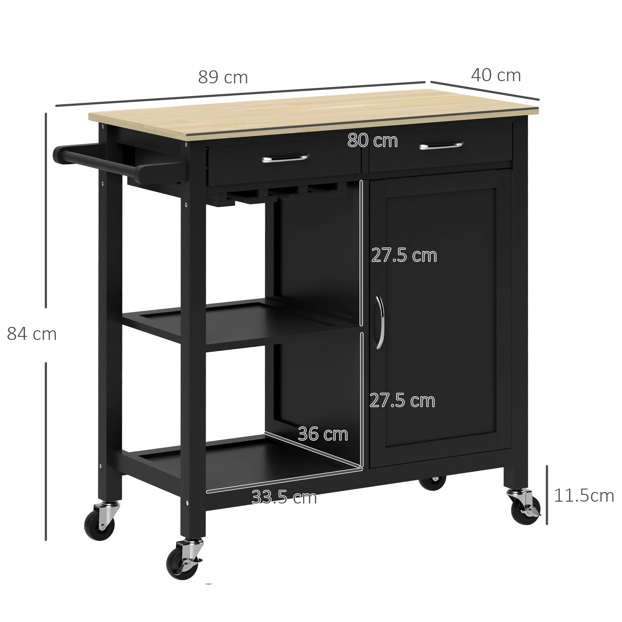 Carrello da Cucina Salvaspazio 89x40x84 cm con Cassetti Ripiani e Ruote in MDF e Legno Nero