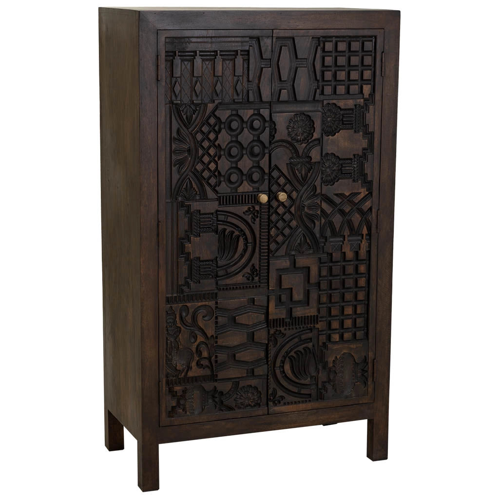 Armadio in legno intagliato rifinito artigianalmente a 2 ante marrone 78x35x140