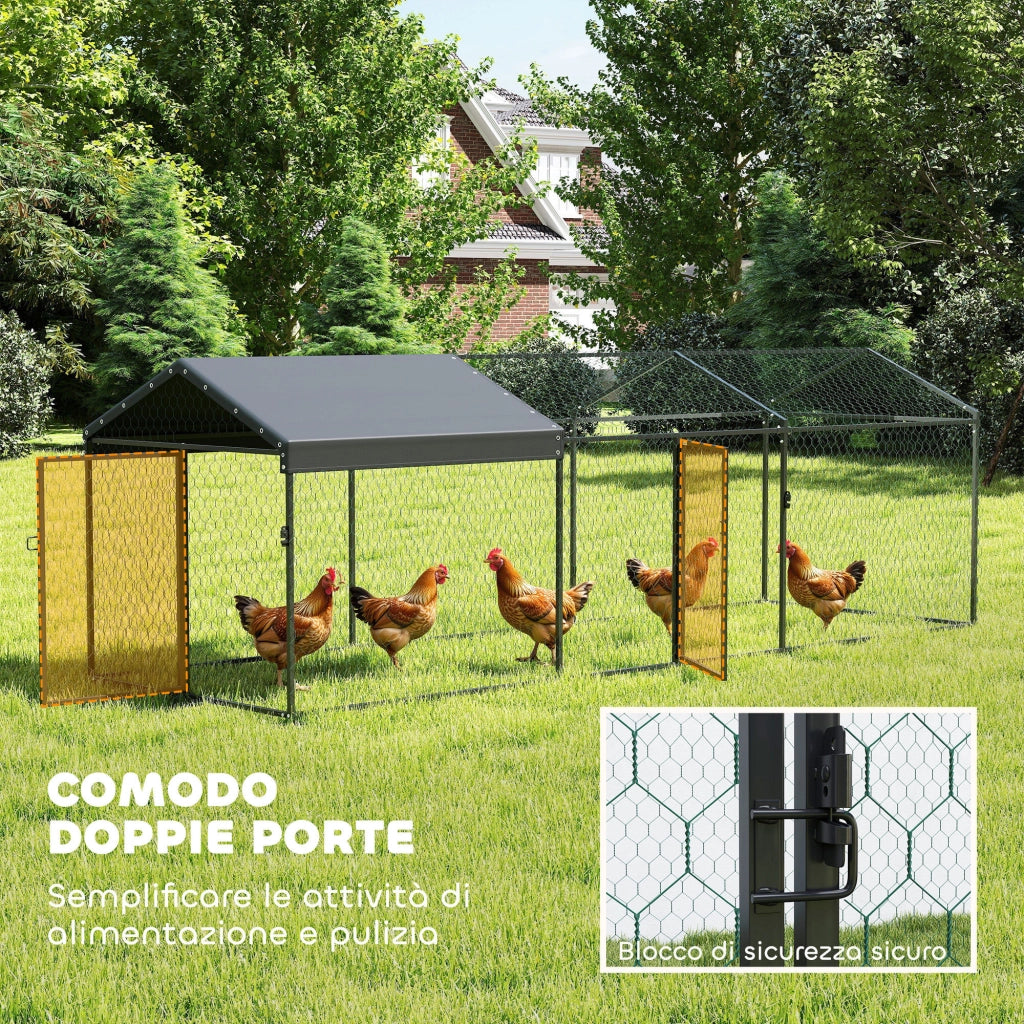 Pollaio per Galline da Esterno - Xylo - 3x1x1m Acciaio Zincato con Tetto Impermeabile Anti-UV