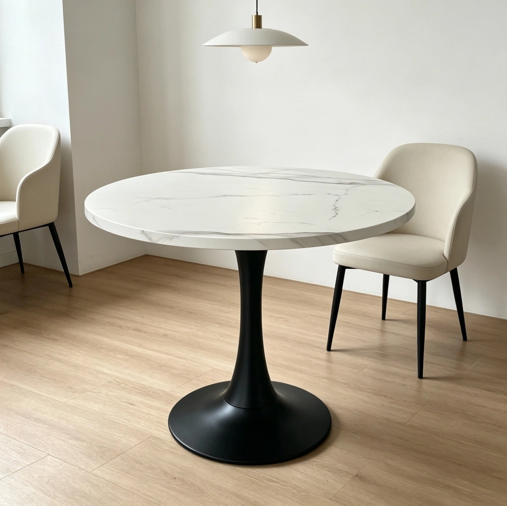Tavolo rotondo Ø 80 cm effetto marmo bianco con base nera