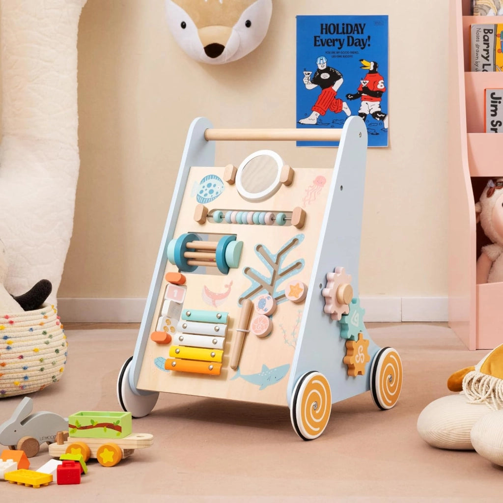 8 in 1 Carrellino Primi Passi, Girello in Legno per Bambini, Giocattolo Montessori con Ruote, Giocattolo da Spinta per Bambini 1+ Anni