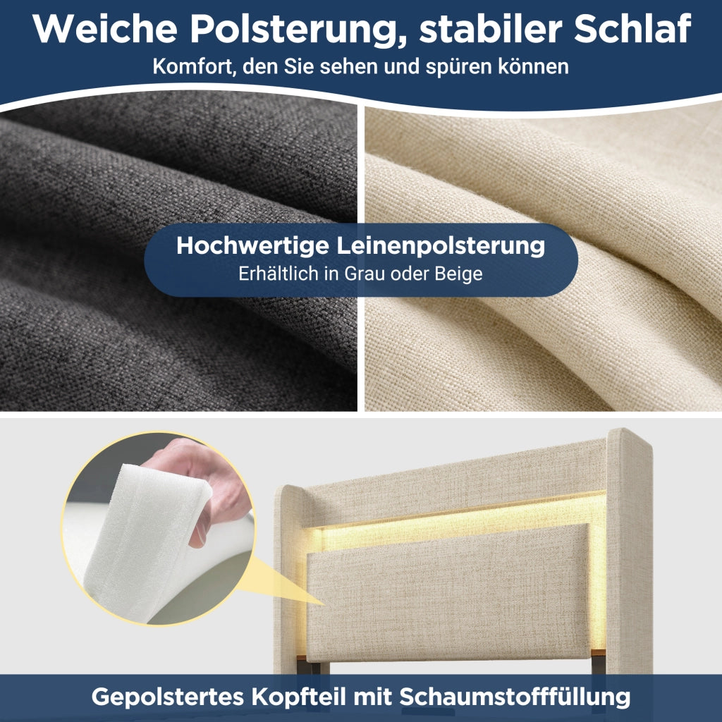 LETTO Contenitore 90x200 cm Beige in Lino con USB, USB-C e LED