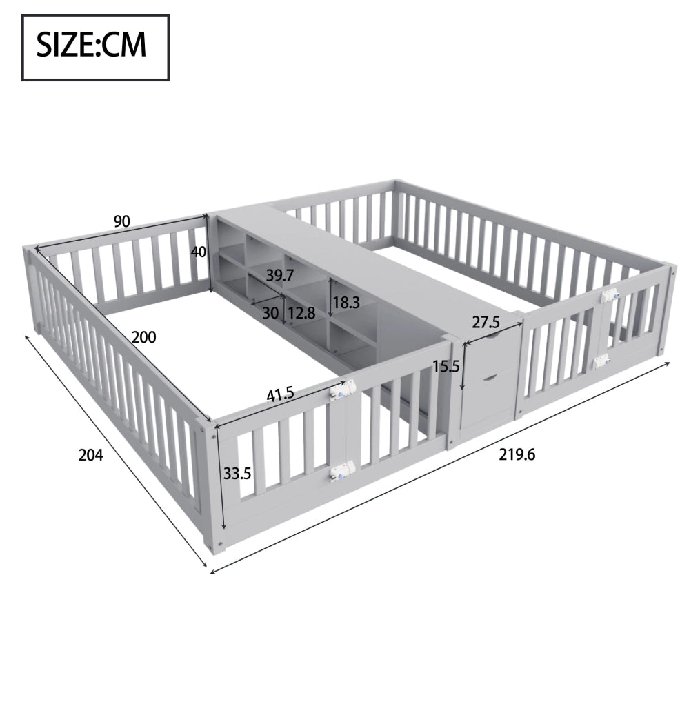 Letto doppio per bambini 90x200 cm grigio in legno con contenitori e sponde alte