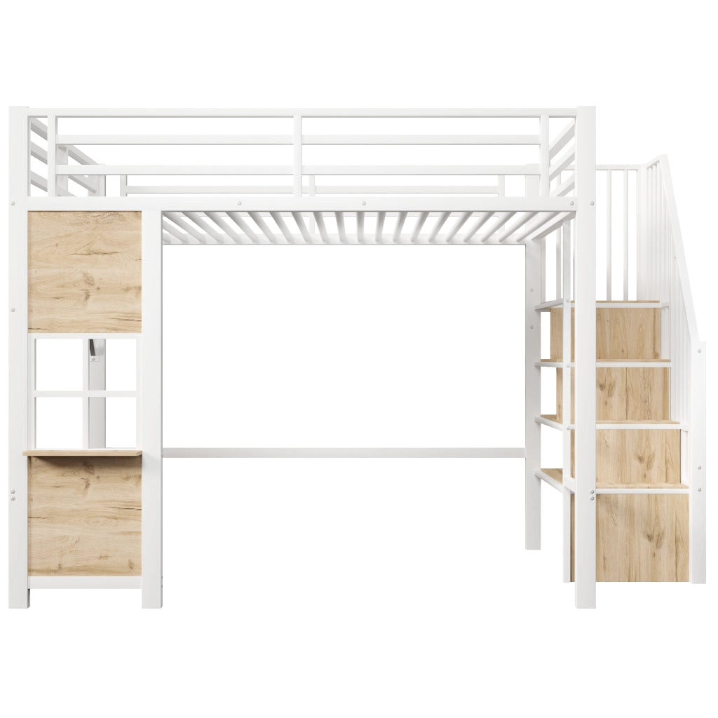 Letto a soppalco 140x200 cm in metallo e MDF bianco con scala contenitore