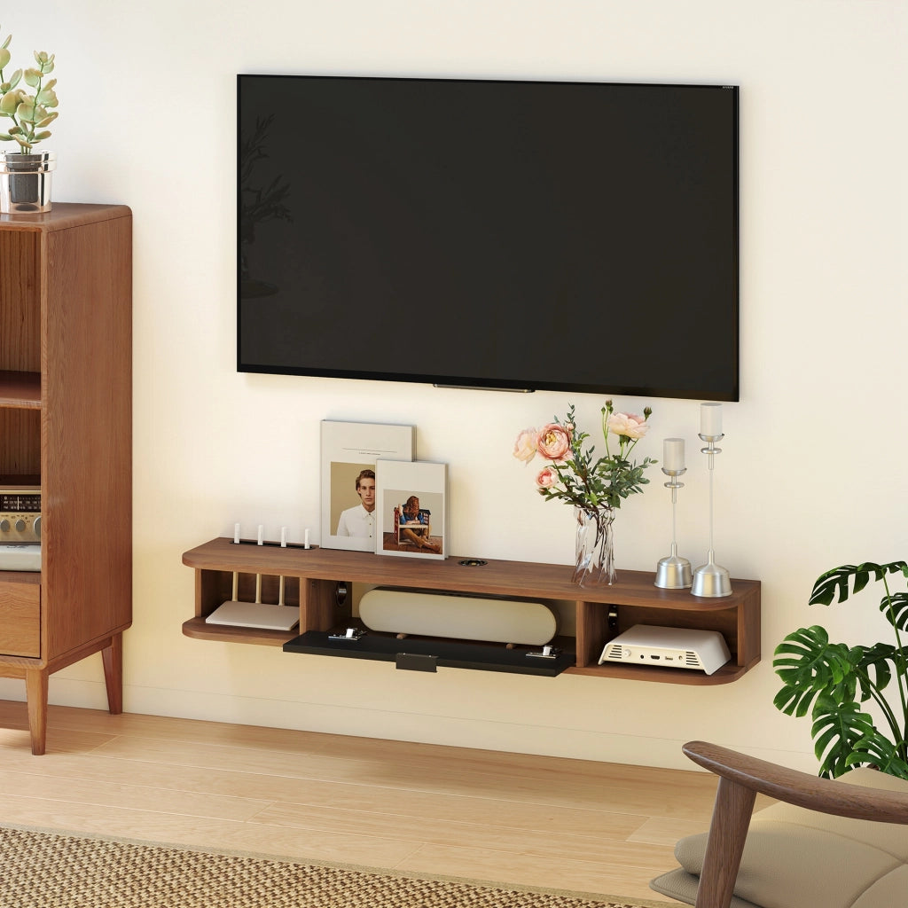 Mobile Porta TV fino 50" Sospeso con Cassetto-Credenza  per TV,2 Ripiani Aperti e Foro Passacavi,120x24x16 cm,Noce