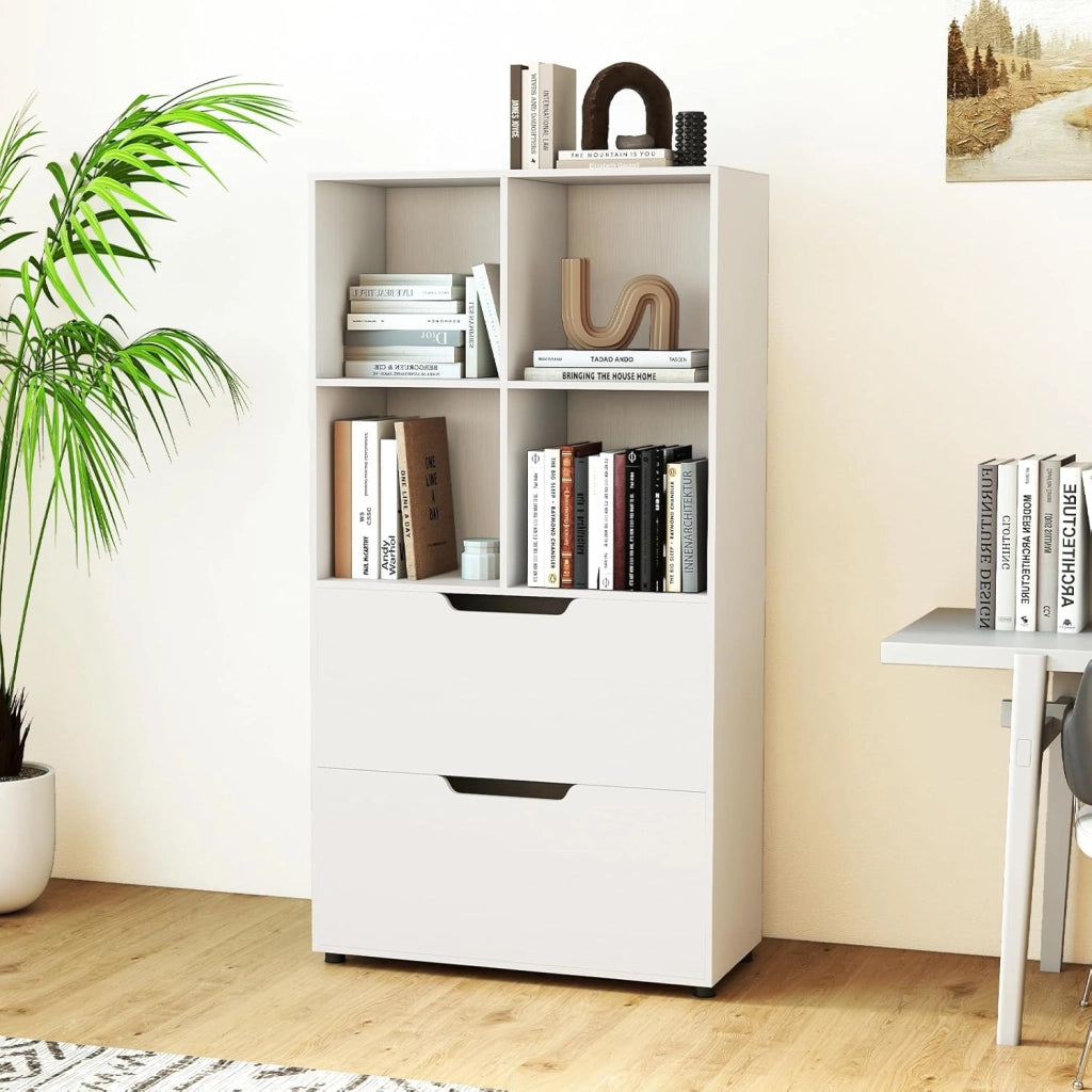 Libreria con 4 cubi e 2 cassetti, scaffale da libreria a piedi con kit antiribaltamento, mobile di stoccaggio autoportante per ufficio, soggiorno, ufficio casa (bianco)