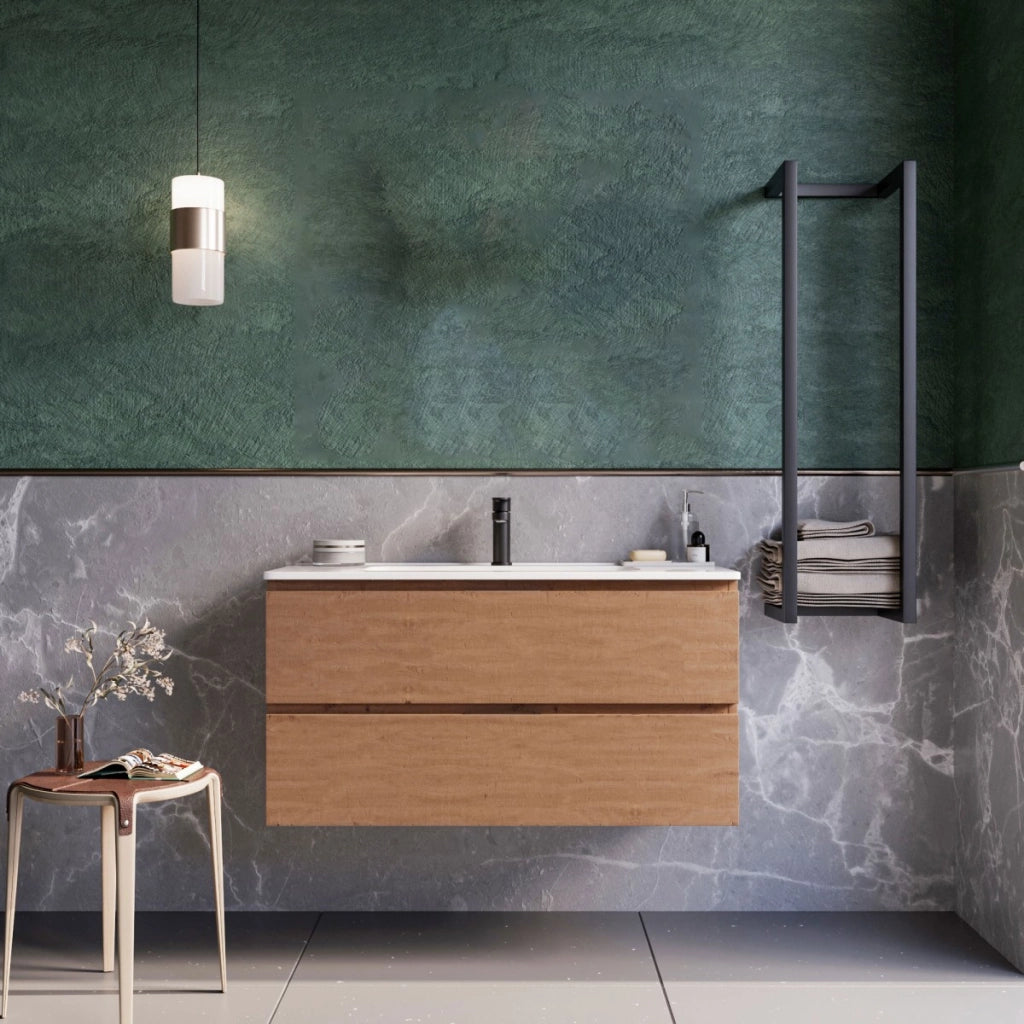Mobile bagno sospeso 100cm rovere cartagena specchio armony, selezione accessori specchio led retroilluminato