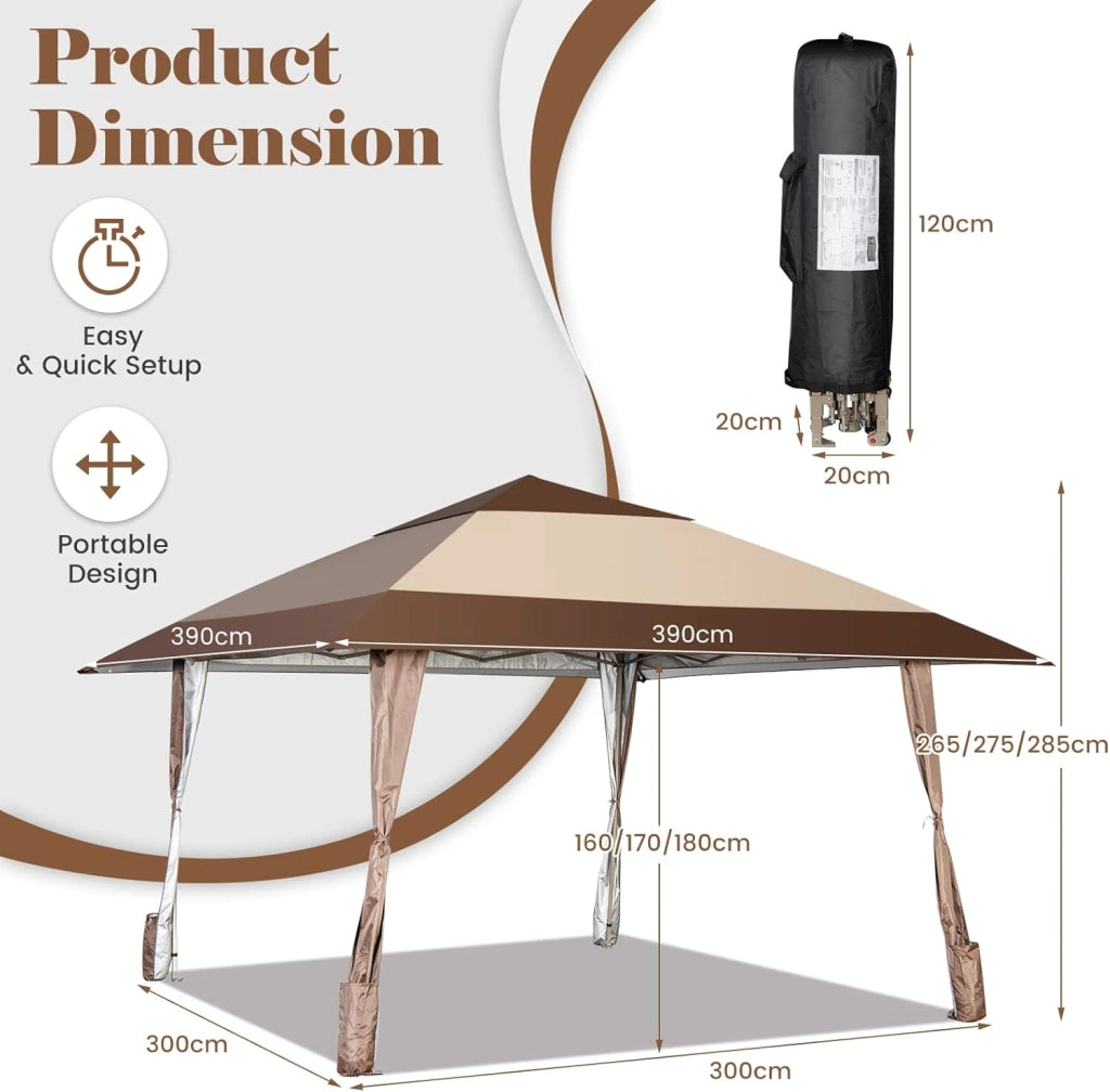 Gazebo da Giardino Regolabile in Altezza 265/275/285 cm, Pieghevole, Portatile, con Custodia e Ruote e 4 Sacchi di Sabbia, Tenda da Giardino, Terrazza, Cortile