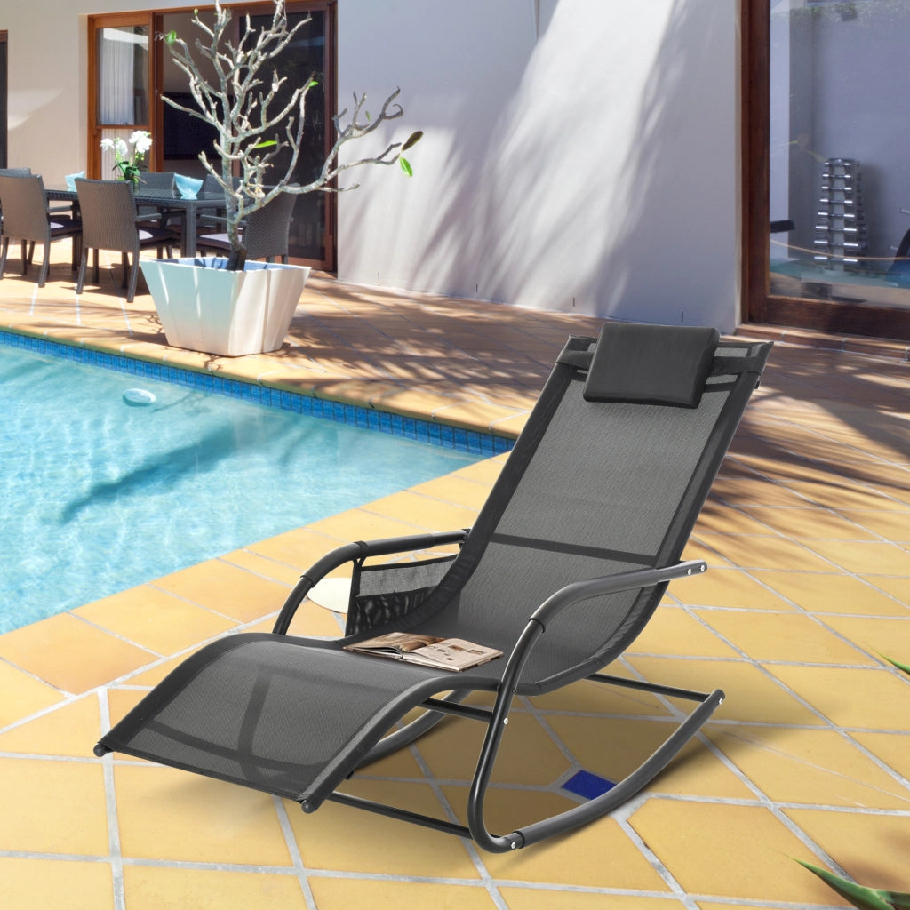 Poltrona dondolo per esterno con braccioli e schienale imbottito, 150x62x88 cm, nero ¨C zephmum ¨C poltrona da giardino reclinabile