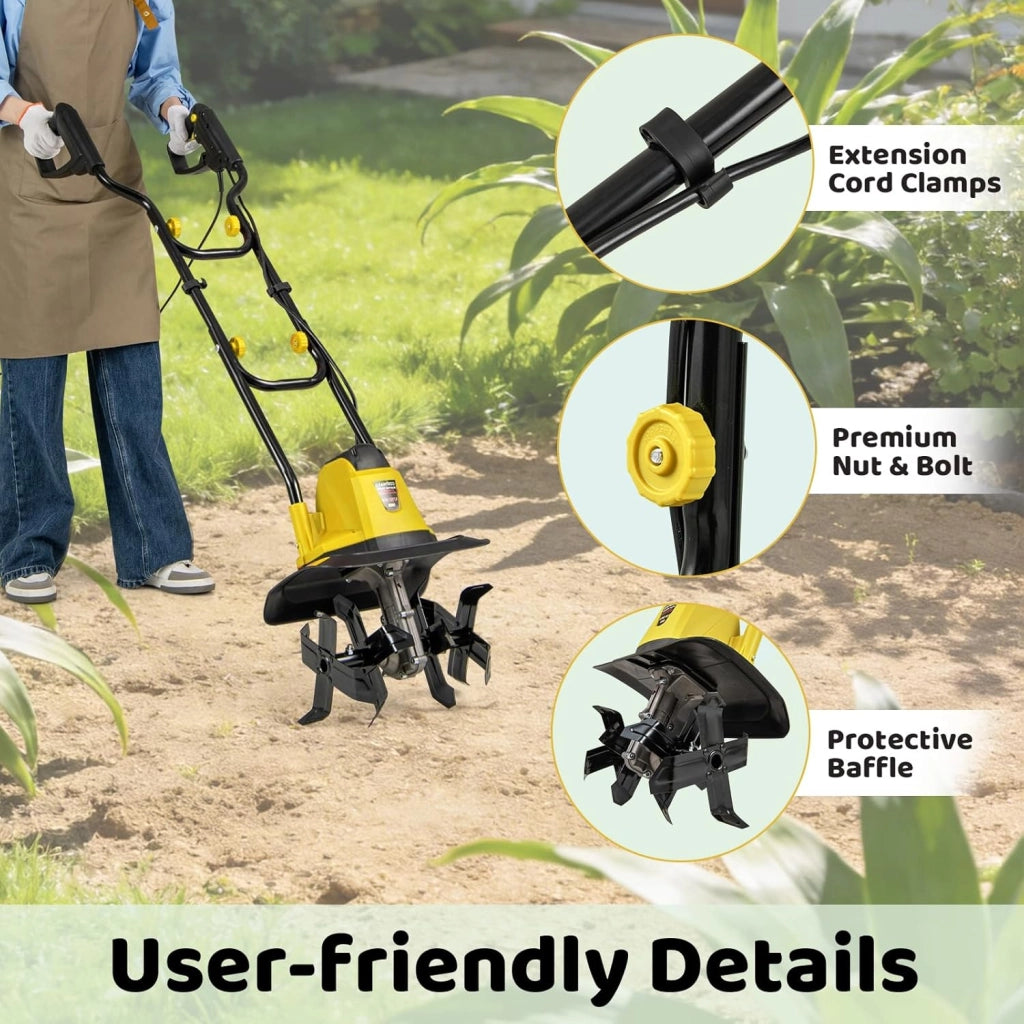 Motozappa Elettrica Pieghevole 750W, Larghezza di Lavoro 32 cm Profondità di Lavoro 22 cm, 4 Lame, Zappatrice Elettrica per Orto e Giardino (Giallo, 32 x 24 x 138 cm)